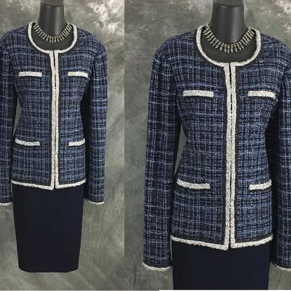 BEAUTIFUL st john knit Blue silver shimmer jacket skirt suit size 8 10 - Picture 2 of 10